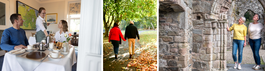 A couple having Breakfast, two people holding hands walking, and two people exploring Grey Abbey ruins